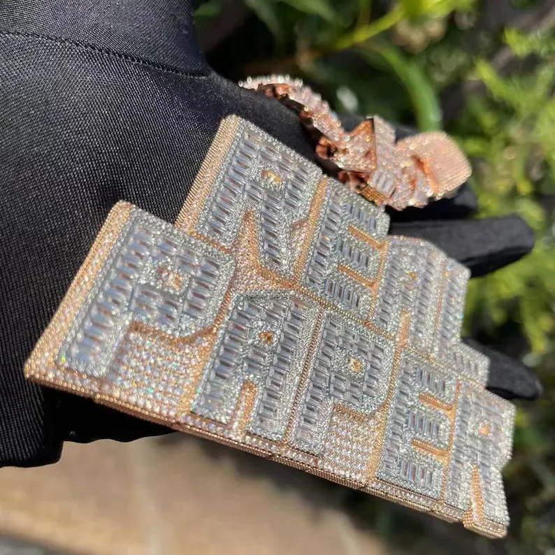 Iced Out baguette Diamond Custom Name Pendant vvs moissanite cuban chian pendant for men