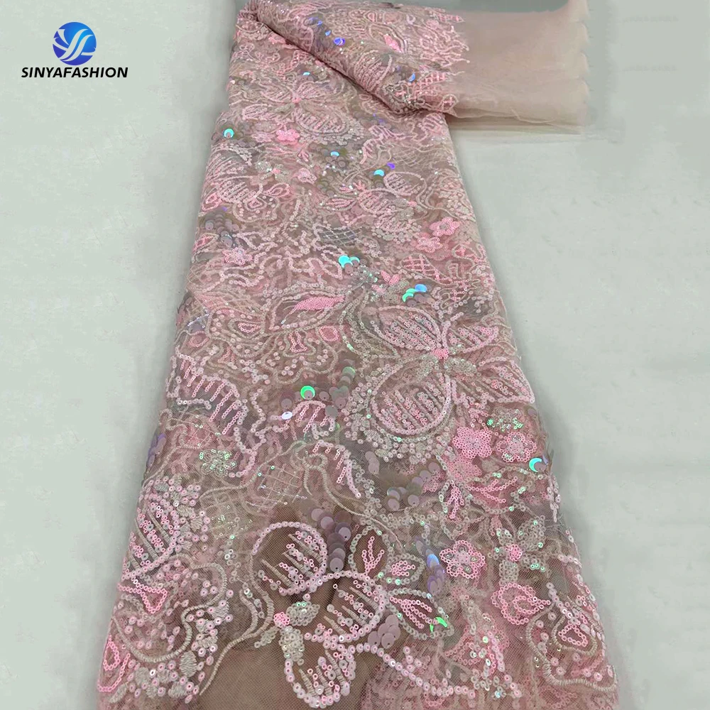 Sinya French Mesh Lace Fabric Embroidery Sequins Net Lace Large Shinning Glitter Fabric Luxury Dresses Women Elegant