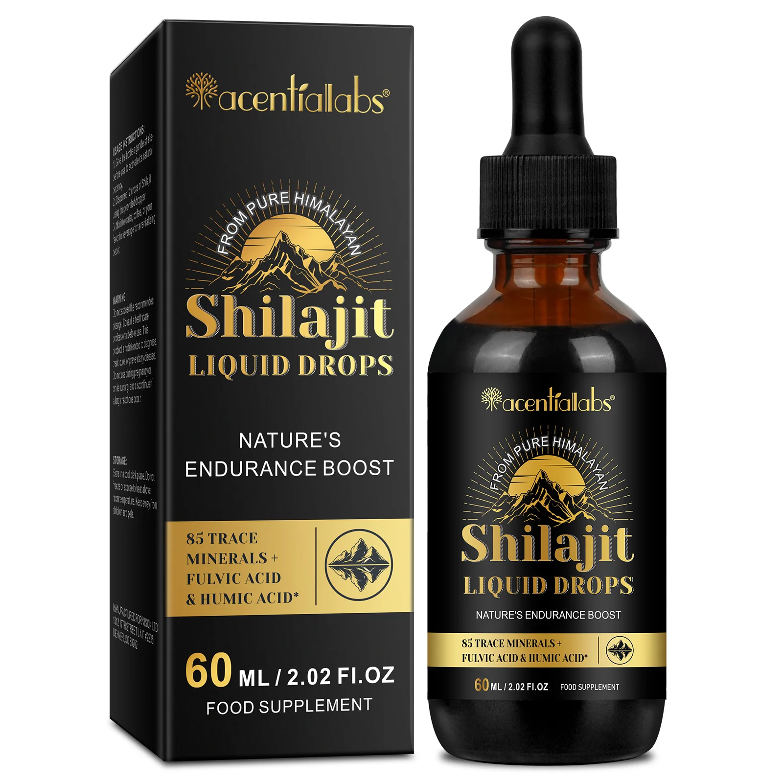 Acentiallabs 85 trace minerals 60ml himalayan shilajit liquid drops 100% pure shilajit supplement pure himalayan shilajit drops