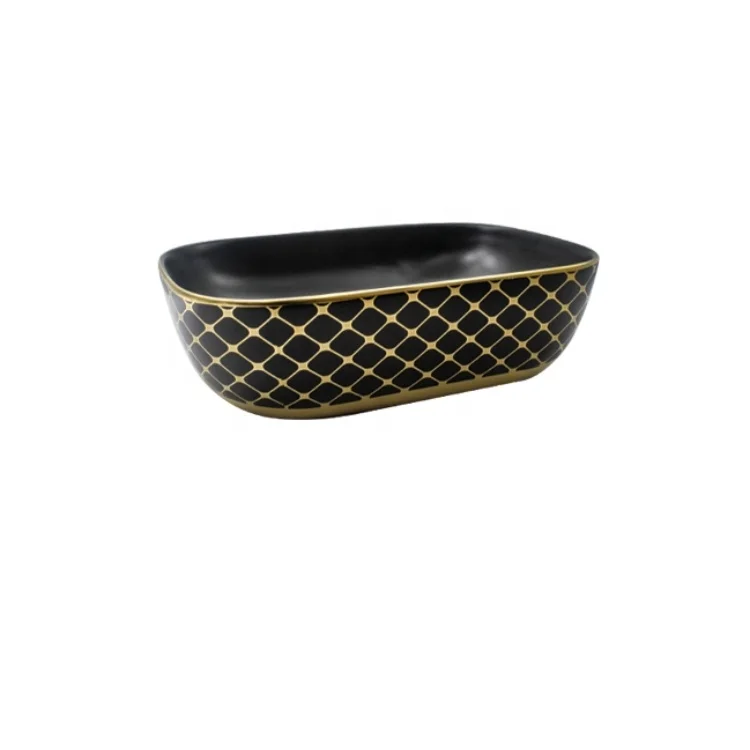 Chaozhou cheap price Luxury Black Ceramic gold-plated Lavatory Art Wash Basin Rectangle Thin Edge Bathroom vessel sink S-1007