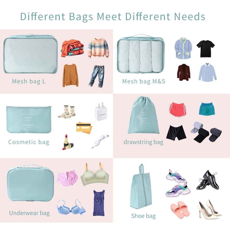 Custom travel bags luggage set 7 pcs packing cubes for suitcases