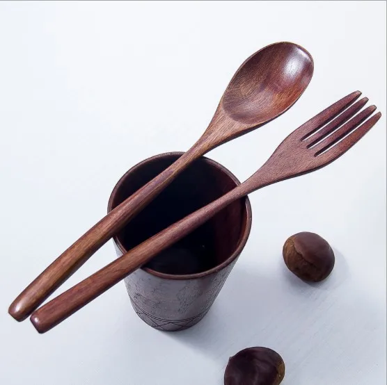 Factory direct sales  Long Handle Wood Spoon Fork Salad Fruit Dessert Fork Creative Tea spoon Coffee Spoon