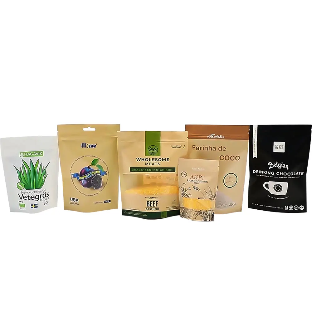 Eco Friendly Seed Nut Dried Fruit Snack Powder Doypack Ziplock Standing Pouch Food Packaging Kraft Paper Bag with Zipper