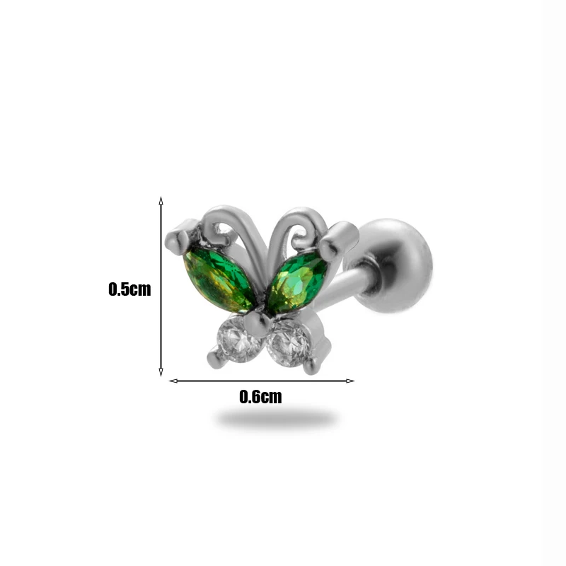 custom helix piercing women jewelry stainless steel screw back green zircon butterfly ear tragus lobe cartilage stud earrings