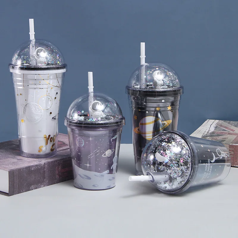 Low MOQ Children Water Bottle Double Wall Plastic Ice Cup With Straw Large Capacity Student Cute Straw Water Cup