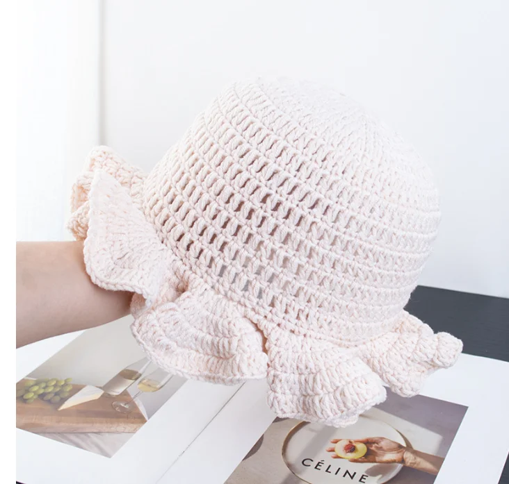 New Fashion Solid Color Handmade Knitted Cap Orange French Crochet Beach Ruffle Hats for Women