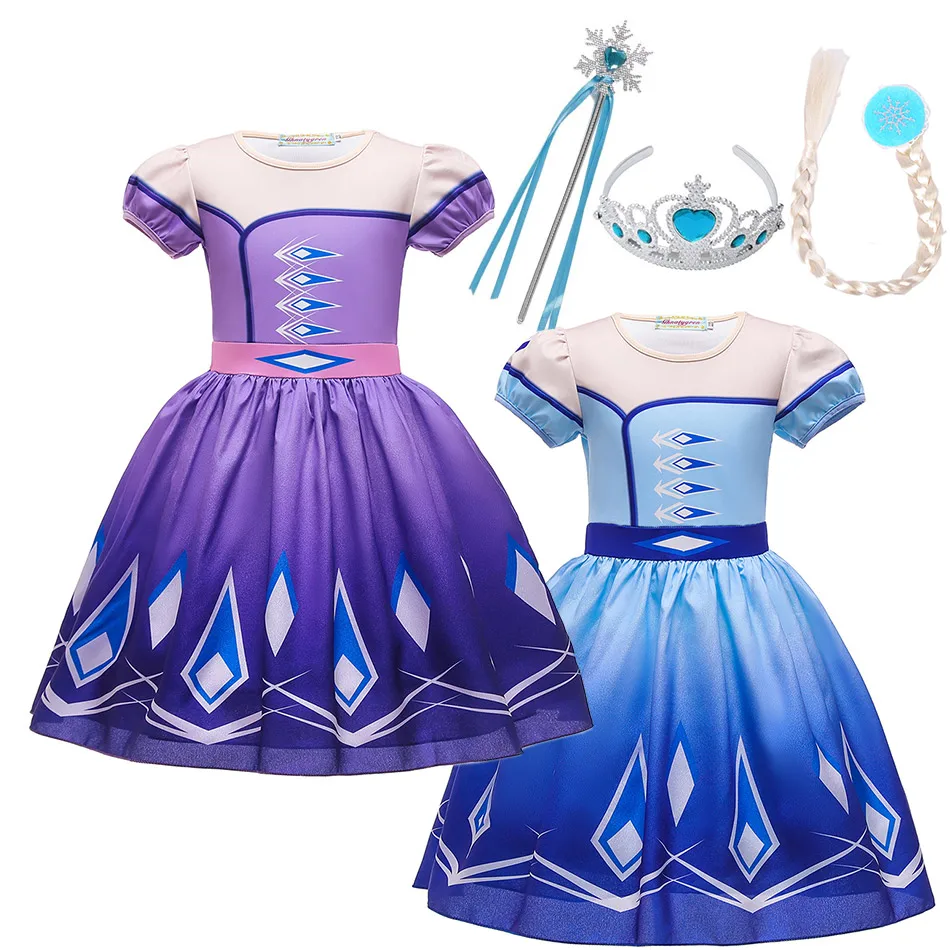 3D Printing Girls Elsa Purple Blue Dress Fancy Princess Party Supplies Costume Kids Role Play Snow Queen Halloween Disguise Gown