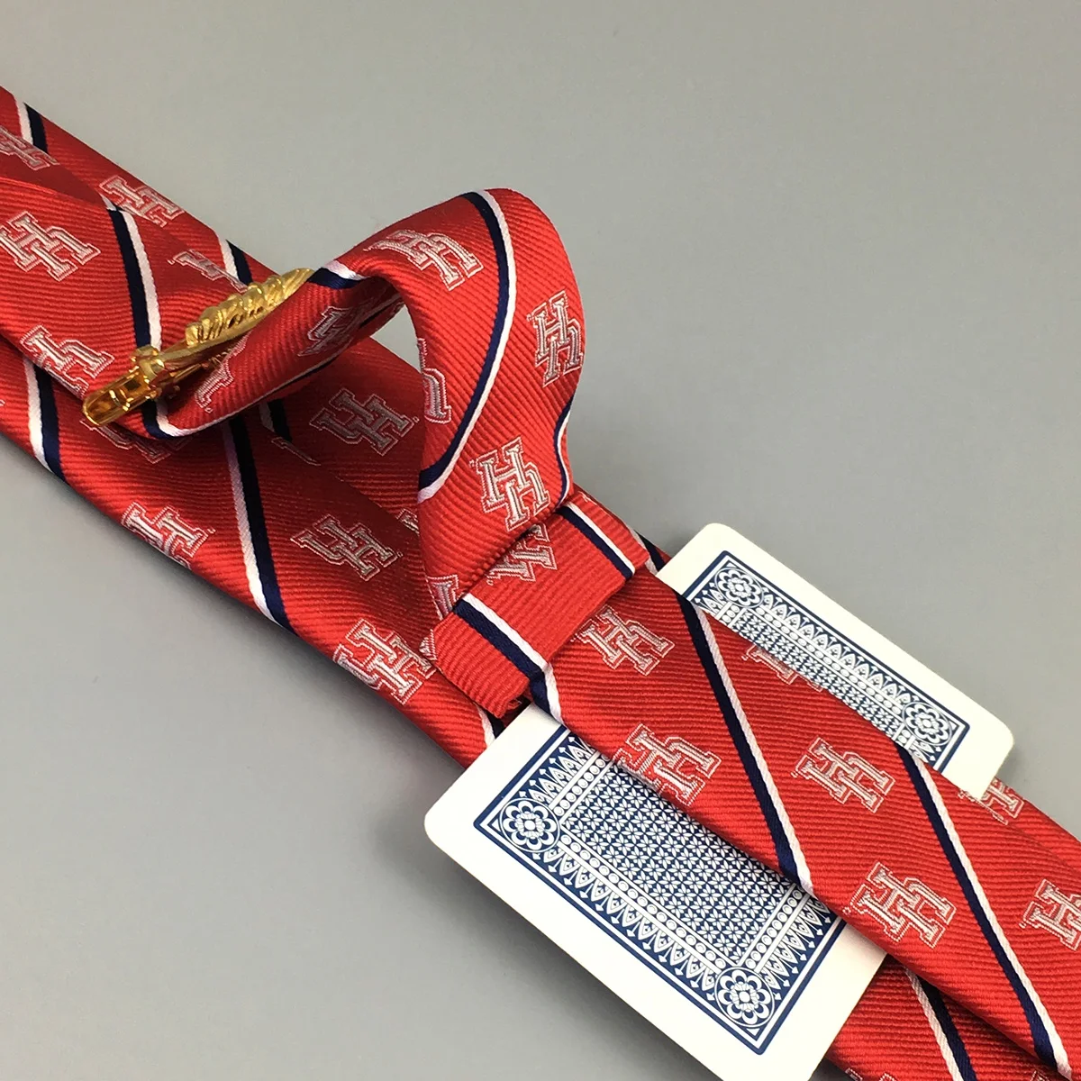 UH College University Wholesale Custom Necktie Red White Double Striped Slim Skinny Silk Woven Grosgrain Uniform School Tie