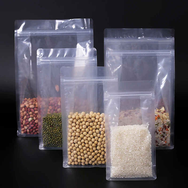  food grade eight side sealed transparent clear square flat bottom stand up zipper quad