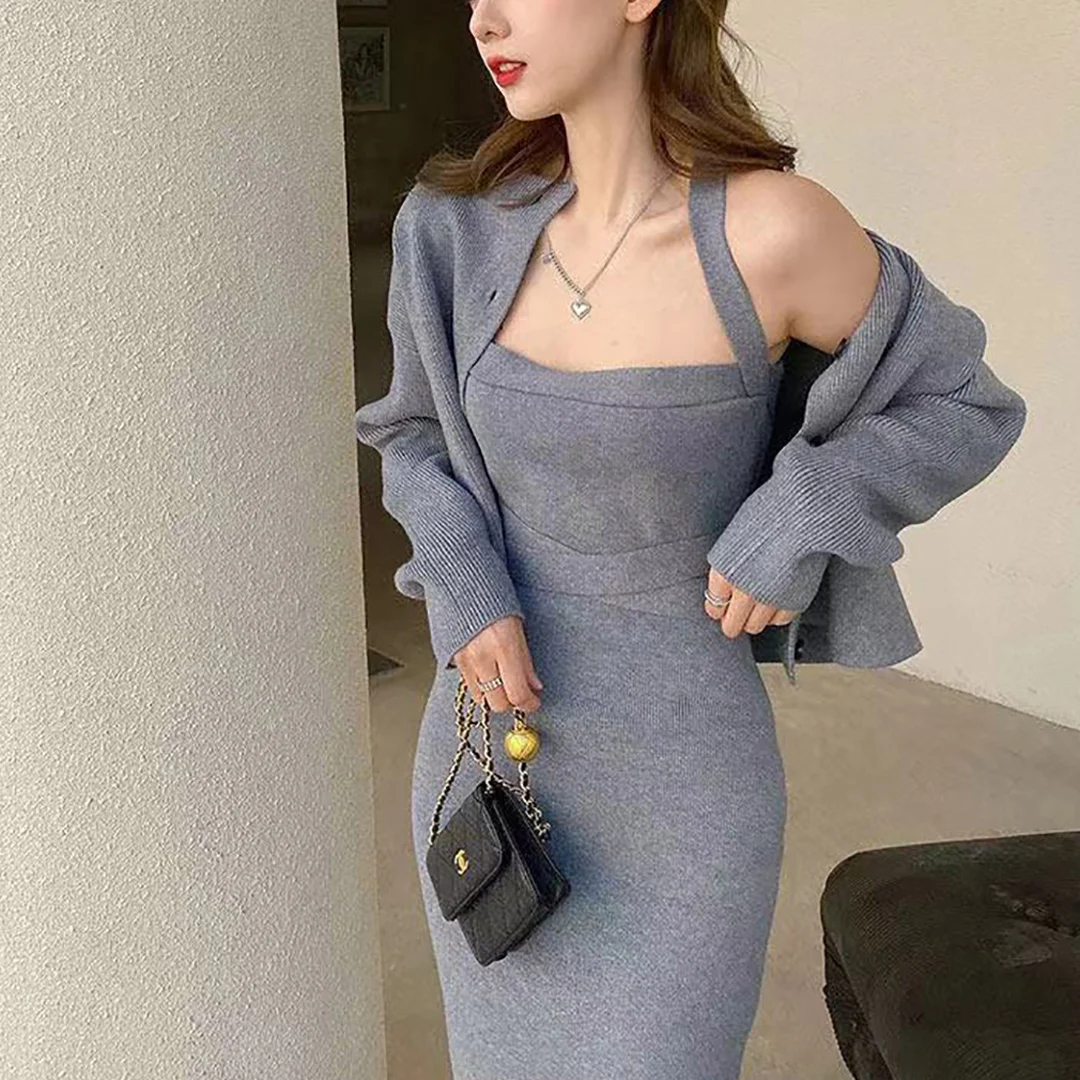 2022 Winter Fall Casual Fashion Long sleeve Knitted Cardigans Spaghetti Strap Sweater Dress For Women 2 Piece Set Clothing