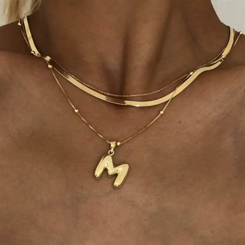 Gold Plated Tarnish Free Jewelry Balloon Letter Necklace With Beaded Satellite Chain 18K Gold Bubble Initial Pendant /