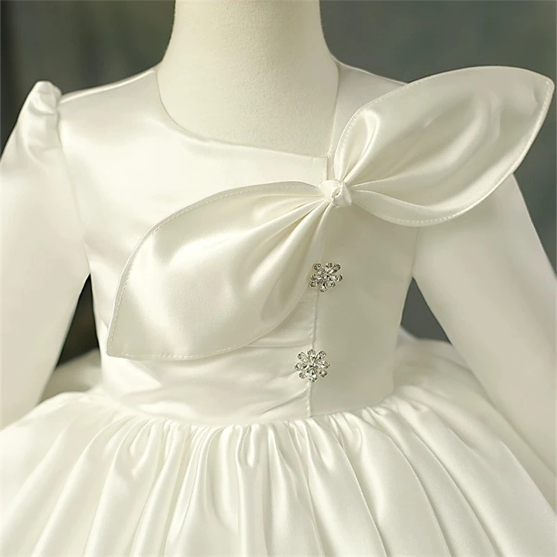 Child Girls Latest Design Wedding Dress Spring Autumn Long Sleeve Princess White Elegant Ball Gown Kids Puffy Dresses