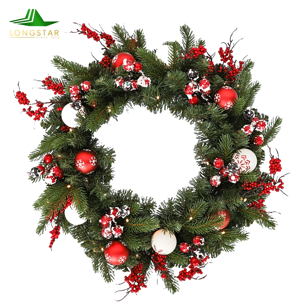 LONGSTAR Bulk Purchase Christmas PVC&PE Material Decorative Artificial Wreath with Red Berries for Home Decoration