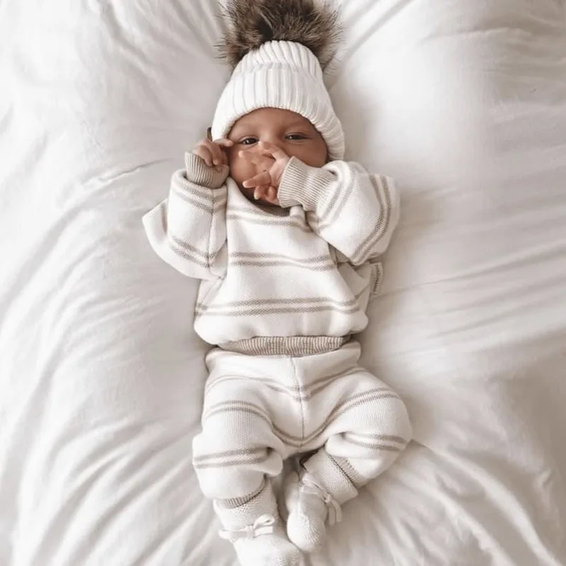1 Pcs Custom Tag Knit Outfit Spring Autumn Newborn Infant Toddler Boys Girls Clothes Top Pants Baby Neutral Outfit