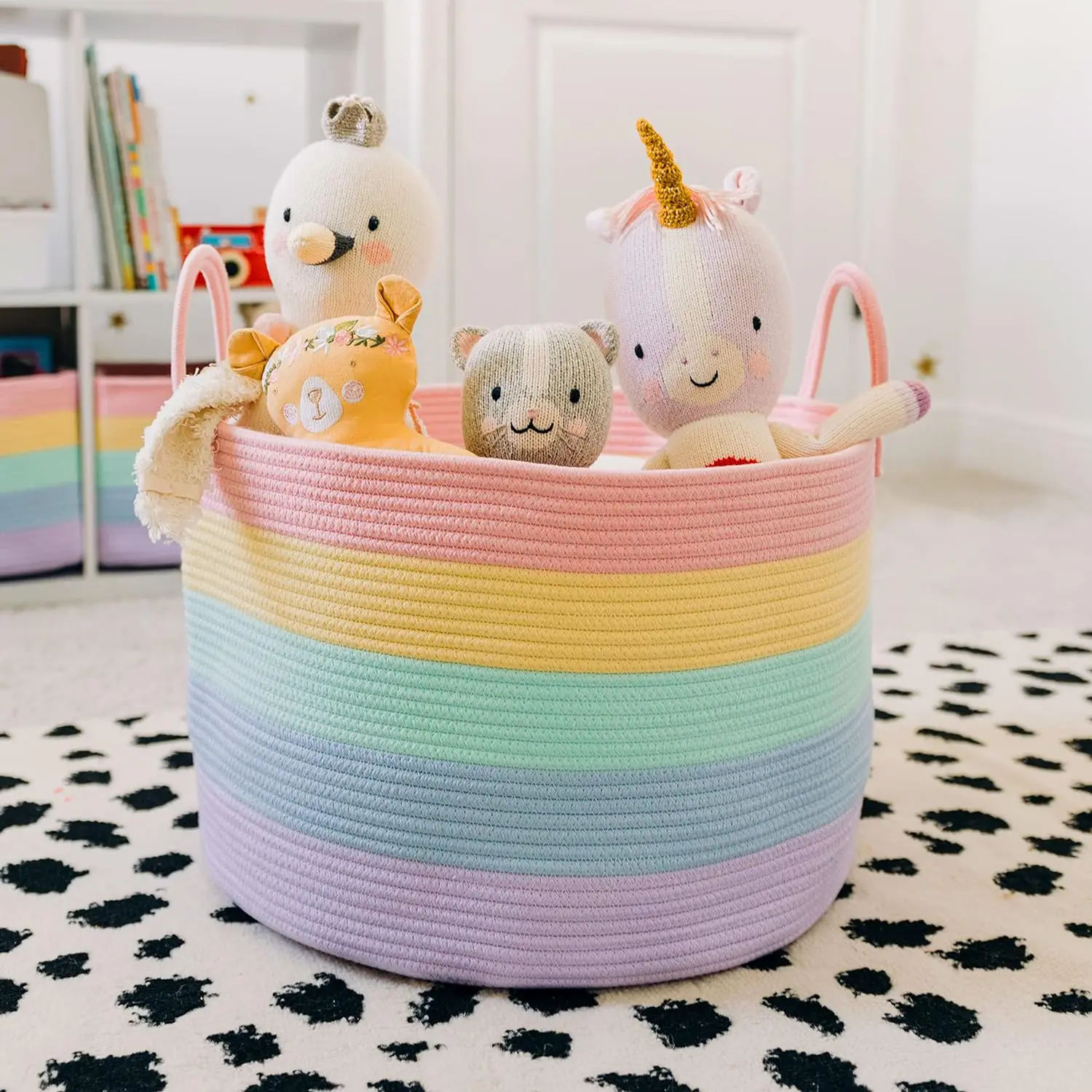 Rainbow Tall Laundry Basket Hamper Toys Storage Basket Blanket Organizer Large Decorative Woven Cotton Rope Basket