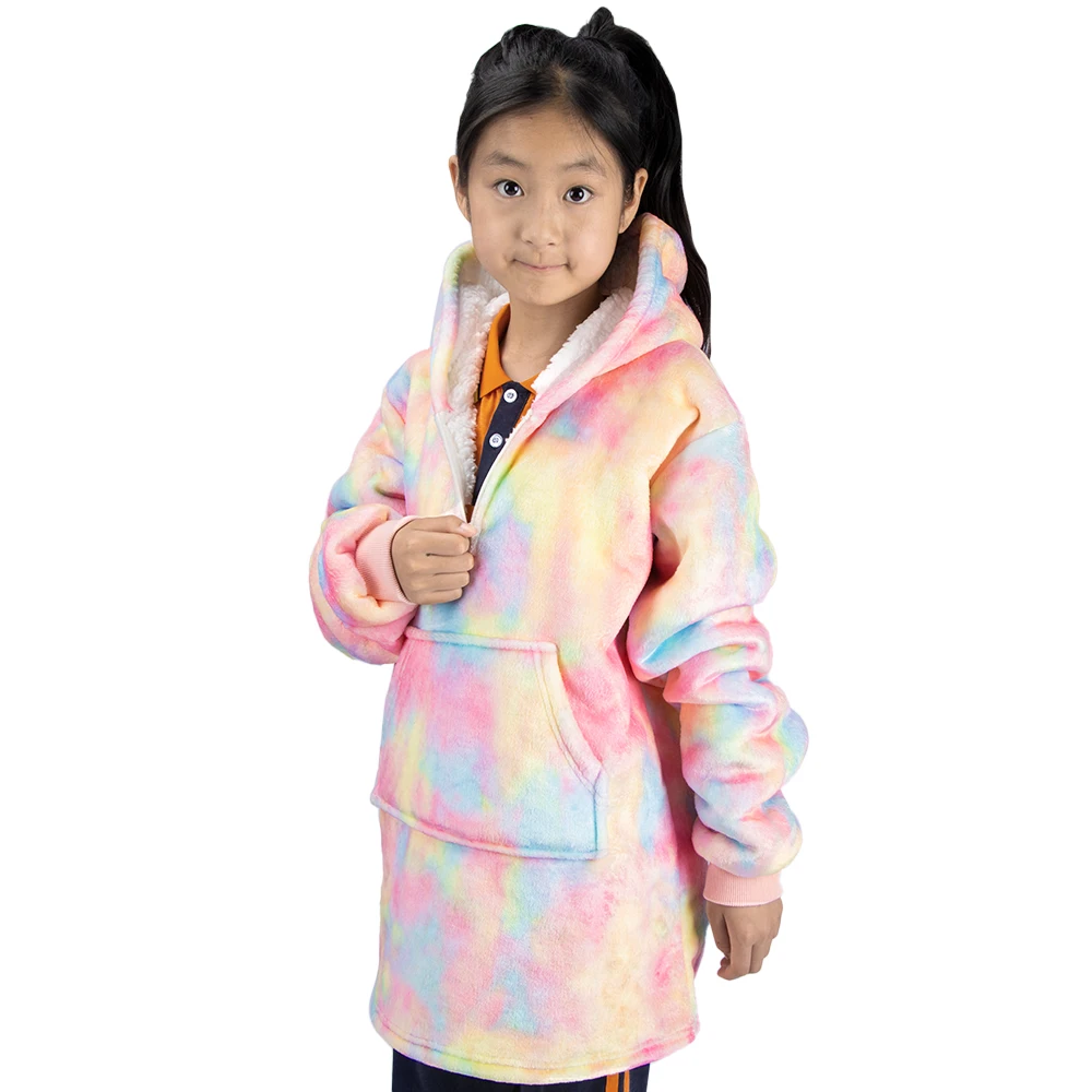 Custom Child Flannel Fleece Sherpa Fluffy Sweatshirt Oversized  Wearable Jumper Kid Blanket Hoodie