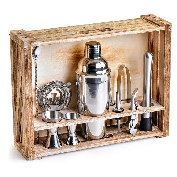 Wooden gift boxes stainless steel Cocktail shaker set mixology Bartender Kit 11pcs Bar Tool Set with Rustic Wood Stand