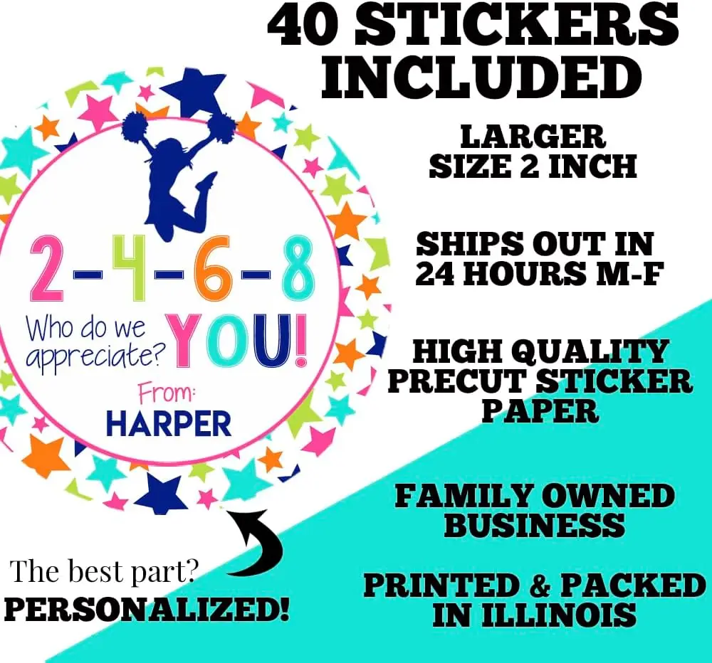 Personalized Cheerleading Sticker Birthday Cheer Leading Labels for Envelopes Custom Thank You Personalized Birthday Stickers