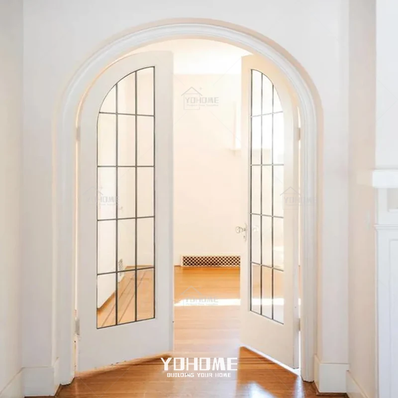 China top manufacturer custom arched french door for bedroom double interior wooden arched doors with clear glass
