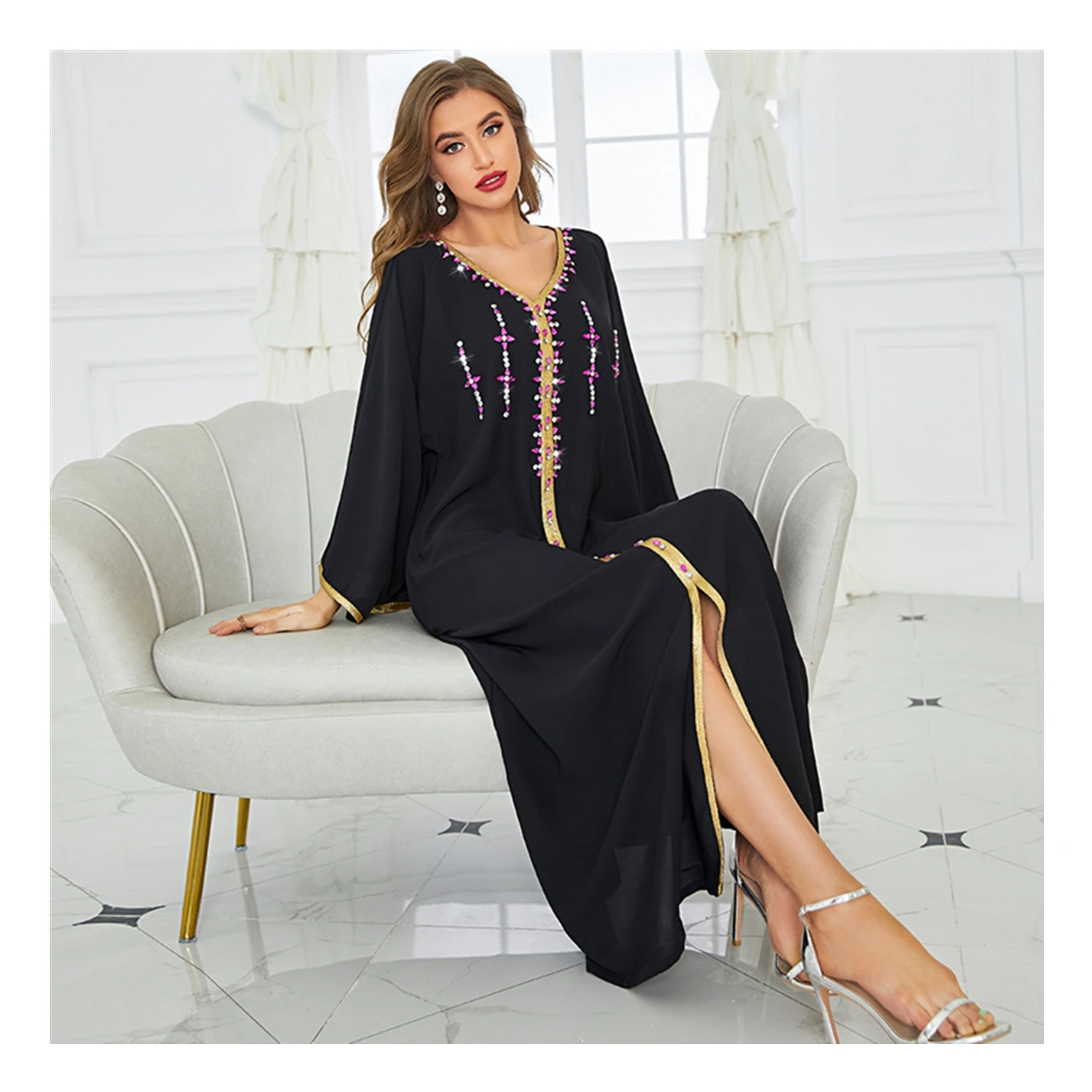 SIPO New Arrival EID Polyester Plain Abaya Women Muslim Islamic Clothing Dubai Black Hand Sewn Stones Casual Dresses Marocain