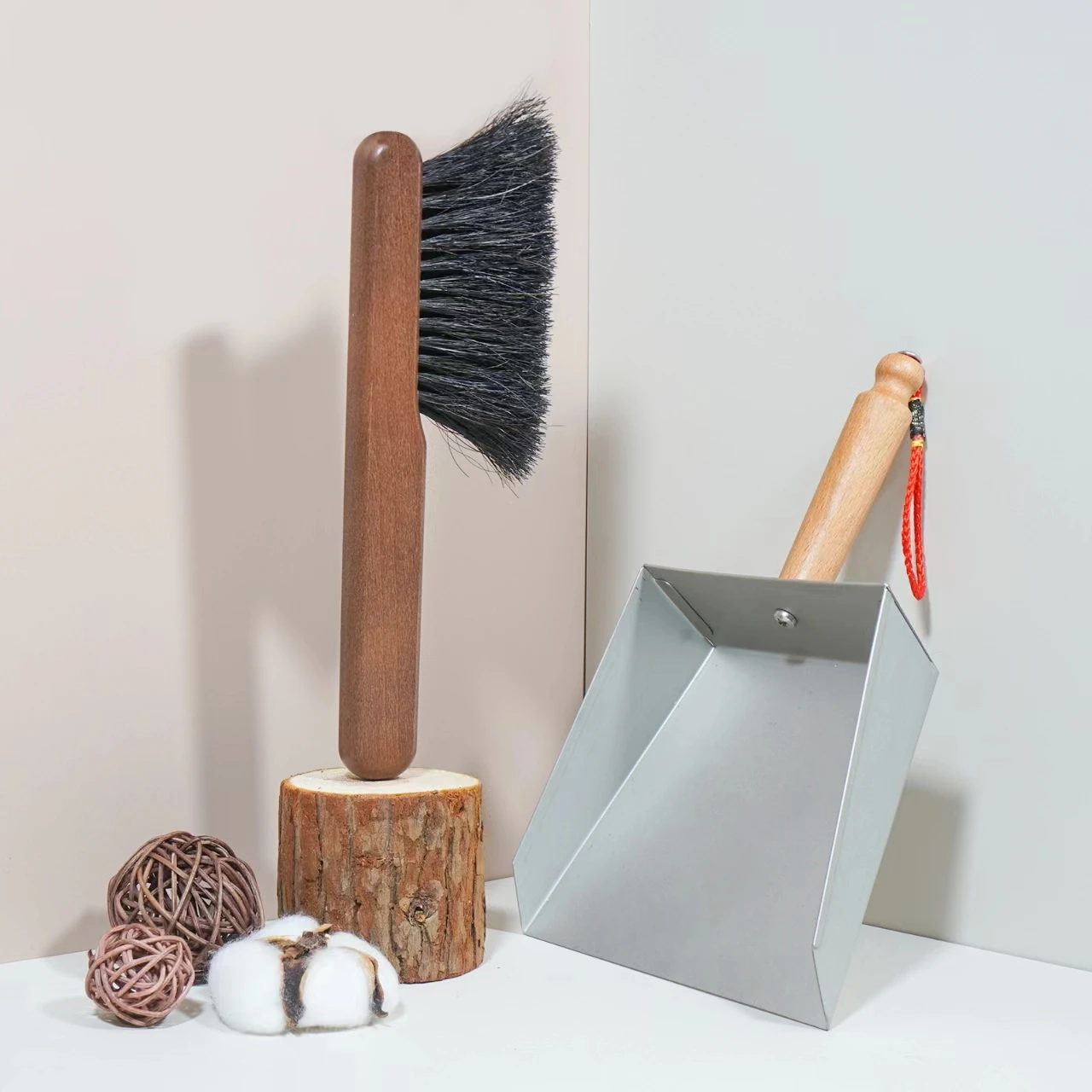 Handheld Comfort Grip metal Dustpan and Wooden Brush Set - Hand Broom with Swiss Natural Horsehair Bristles Compact Design