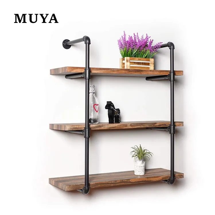 OEM 3 tier wood shelves with black industrial pipe brackets wall shelf