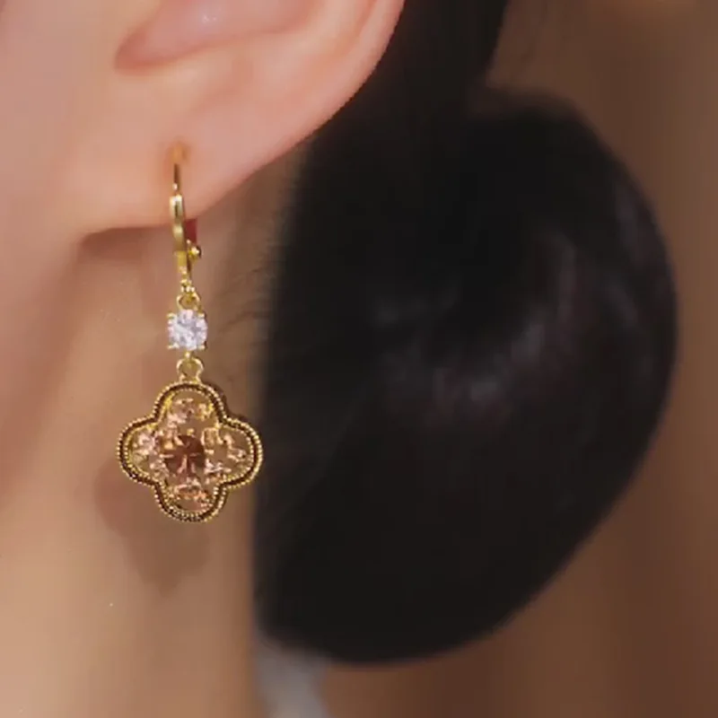Hypoallergenic Needle Personalized 14 K Gold Filled Huggie Earrings Flower Four Leaf Clover Zirconia Earrings Women Jewelry