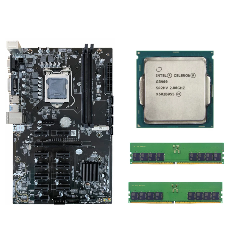 B250 12GPU LGA1151 Motherboard set with G3900 CPU support SSD M.2 12PCIE 16X and DDR3 RAM