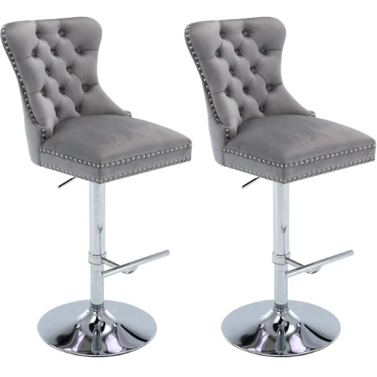 Customizable Mid-Century Swivel Velvet Bar Stool With Footrest Metal Base  Gray Height Bar Stool Chair