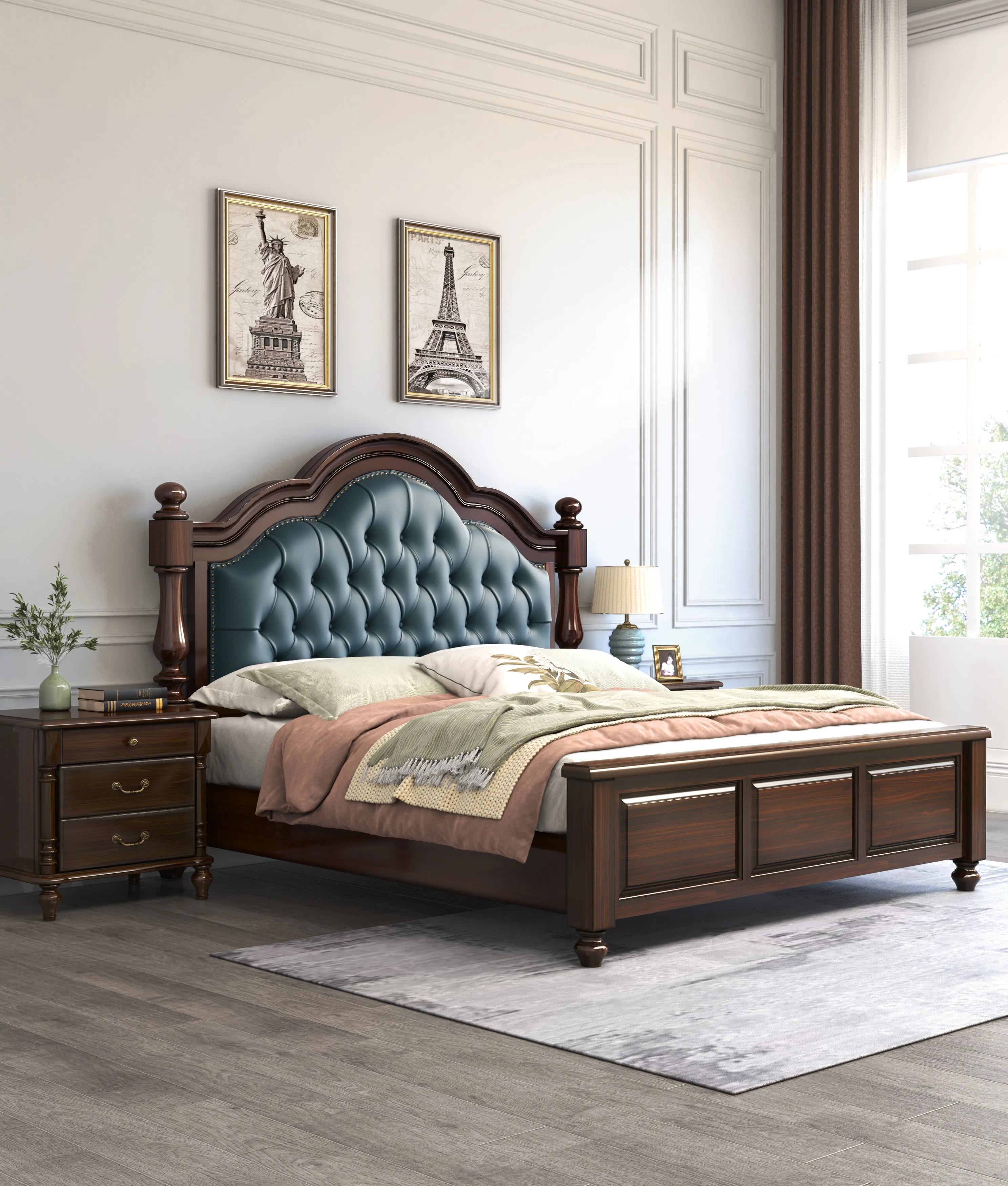 King Size Classic Style Solid Wood Beds Cowhide Queen Size Wooden Bedroom Furniture Home Storage 1.8m Bed Set