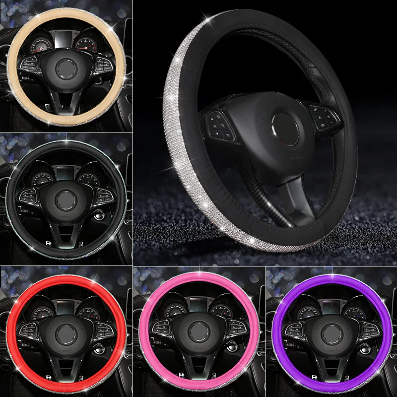 
Luxury Crystal Diamond Rhinestones leather Auto steering wheel cover Car Interior Set Accessories car steering wheel cover 