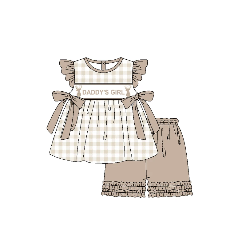 Preorder girls clothes khaki flutter sleeves dog print green plaid tunic ruffle short wholesale girls boutique clothe suit nomoq
