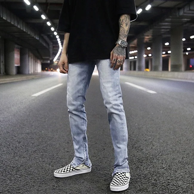 
OEM street light blue washed straight denim jeans ankle zipper slim fit pants casual vintage outdoor trousers stock dropshipping 