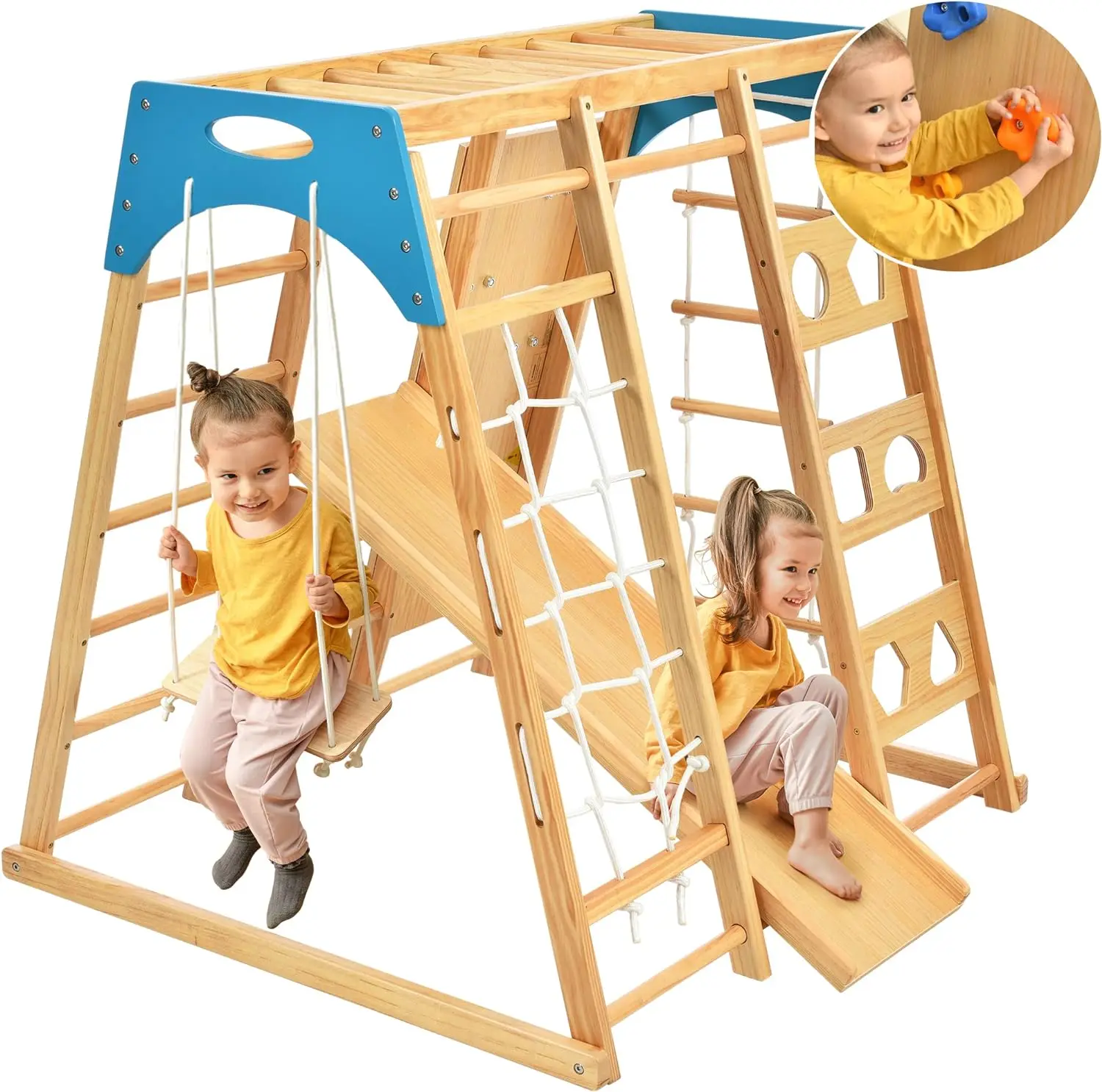 10-in-1 Toddler Wooden Climbing Play Set Jungle Gym Indoor Playground With Slide Rope Wall Climber,