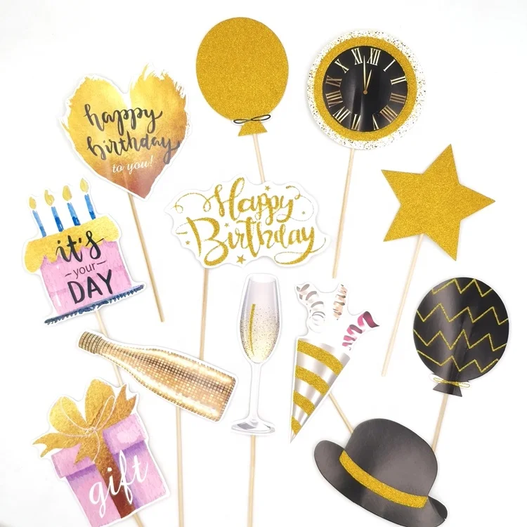 
12pk custom pre-glued gold glitter paper birthday party photo booth props 