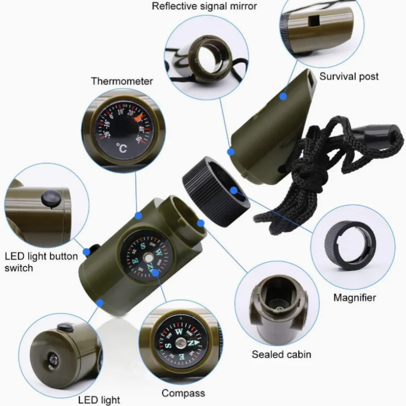 7 in 1 Multi-functional Emergency Survival Whistle Compass Thermometer LED light