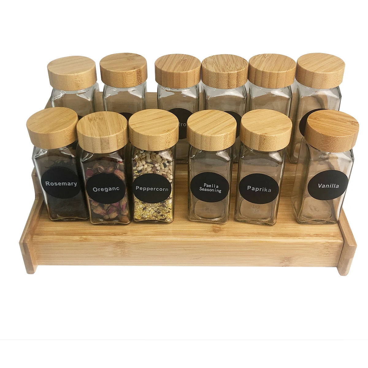 Custom logo black lid 4 oz 6oz seal spice jars round set pepper shaker 24 pieces spice jars with labels bamboo lids