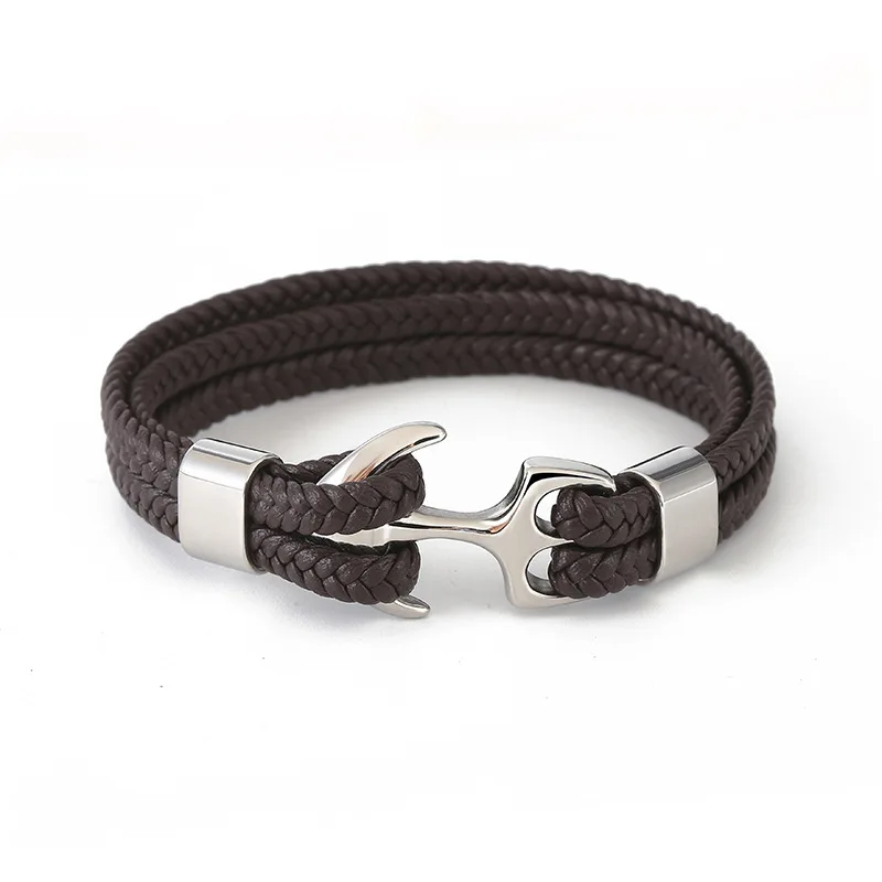 Fashion Jewelry Brown Color Multi Layer Vintage Woven Leather Rope Anchor Stainless Steel Bracelet For Men
