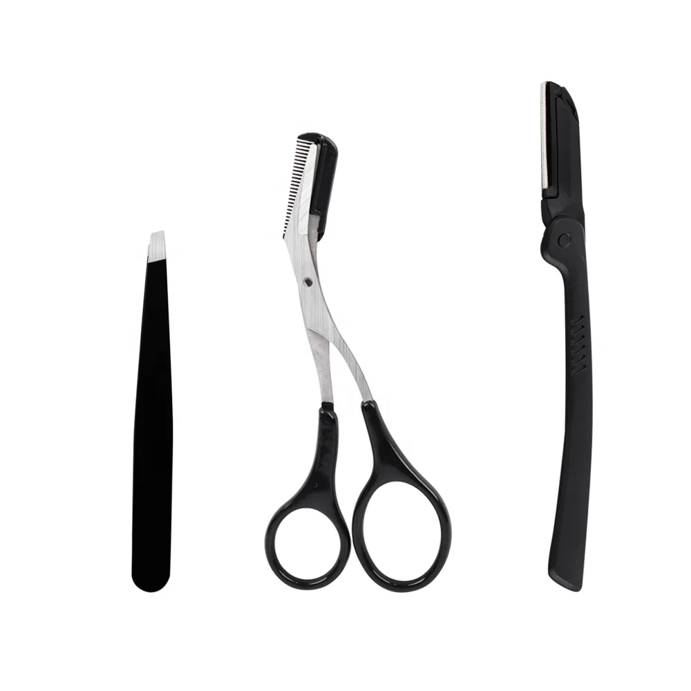 
3pcs Beauty Makeup Black Pink Tweezers Extension Scissor Razor Eyebrow Grooming Kit 