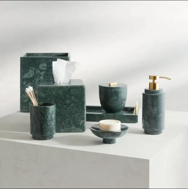 7pcs green Marble Bath room Accessories Set Mouth Cup Cotton Swab Can Soap Dish paper box Waste Basket with Tray Home Decoration