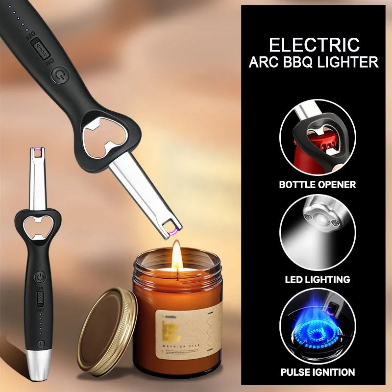 Outdoor camping led usb usb electric bbq stove candle lighter with beer bottle opener