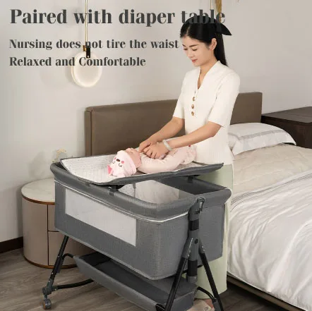 JXB Factory Wholesale High Quality Adjustable Height  Baby Bed Splicing Big Bed Baby Crib With Mosquito Net and Swing Design