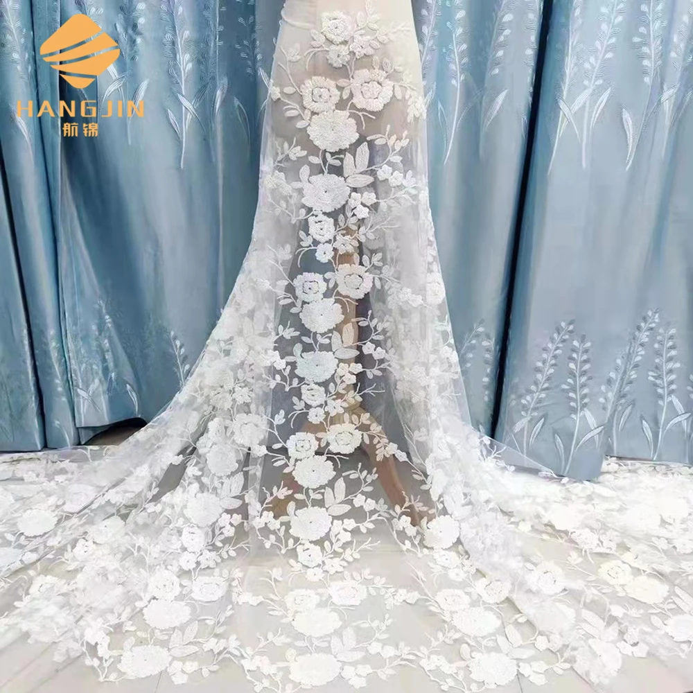 Wholesale sequin lace fabric Floral embroidered tulle fabric beaded wedding African lace sequin tulle fabric