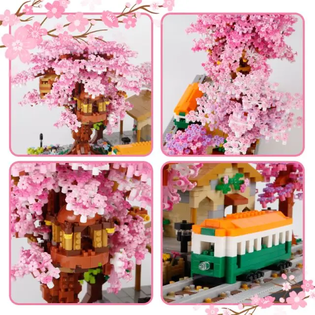 Model 606 Cherry Bonsai With Mini Train Set Small Building Blocks Cherry Tree