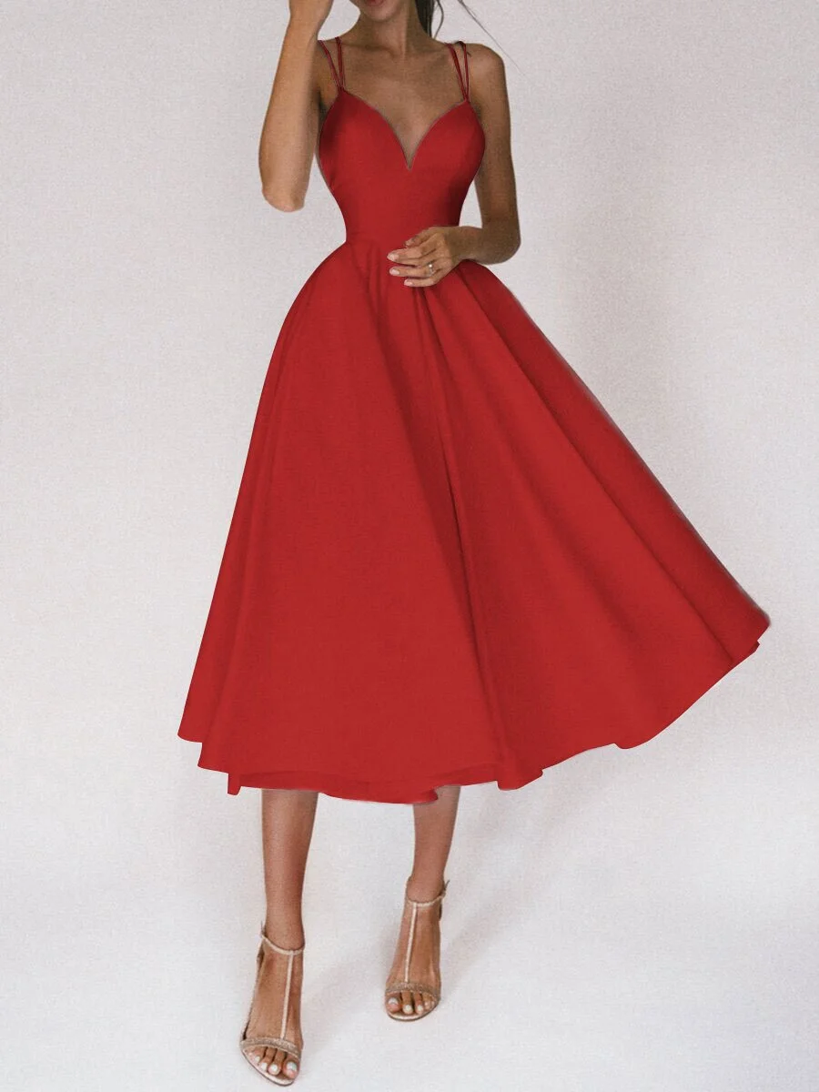 Bridal Gowns Wedding Dress A-line Spaghetti Straps V-neck Backless Tea-Length Red Ball Gown Evening Party Celebrity Dresses