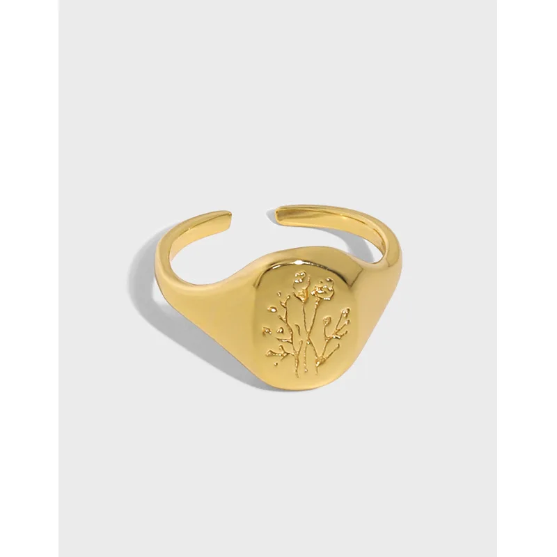 Geometric 18K Gold Plated Oval Flower  Ring S925 Sterling Silver Open Rings Floral Texture Ring for Girls