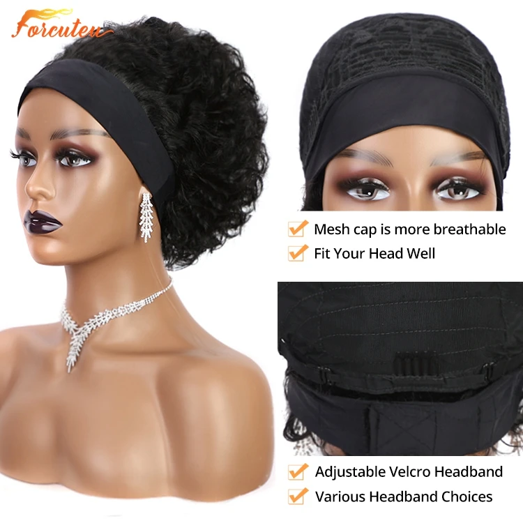 Forcuteu Wholesale Short Black Woman Raw Perruque Brazilian Cuticle Aligned Virgin Adjustable Afro Kinky Curly Human Hair Headband Wig