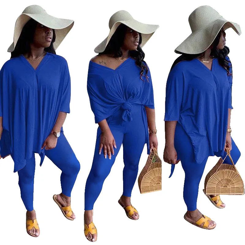 
2021 Fashion Casual Solid Color Plus Size Knotted Two Piece Set Women Clothing Fall Outfits Suit 