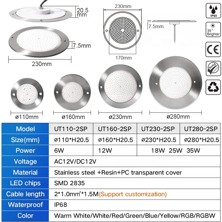 12V Ip68 Waterproof Rgbw 316 Stainless Steel Resin Filled Underwater Led Swimming Pool Lights For Swimming Pool
