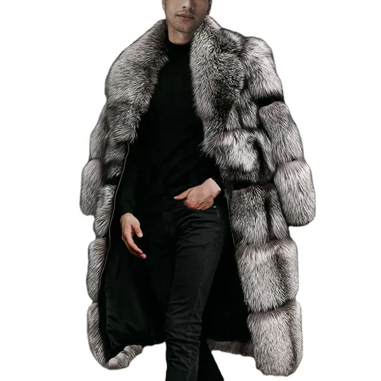 OEM  Winter Warm Custom Artificial Fleece Fur Jacket Thick Mens Faux Fur Long Block Pattern Silver Fox Fur Coat